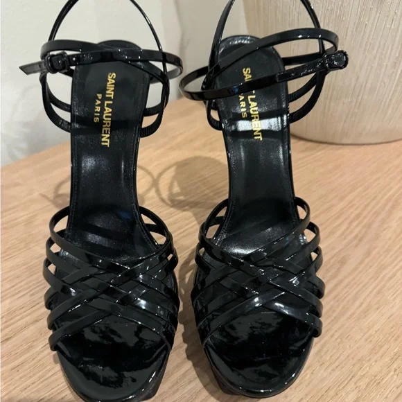 Saint Laurent Black Patent Strappy Platform Heels - Picture 3 of 16
